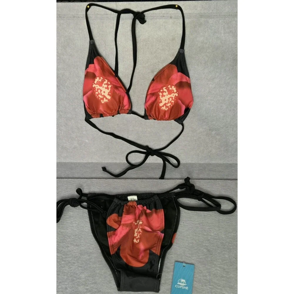 CUPSHE Floral Triangle Bikini Set Sz M Black/Red Tie Side Swimwear NWT